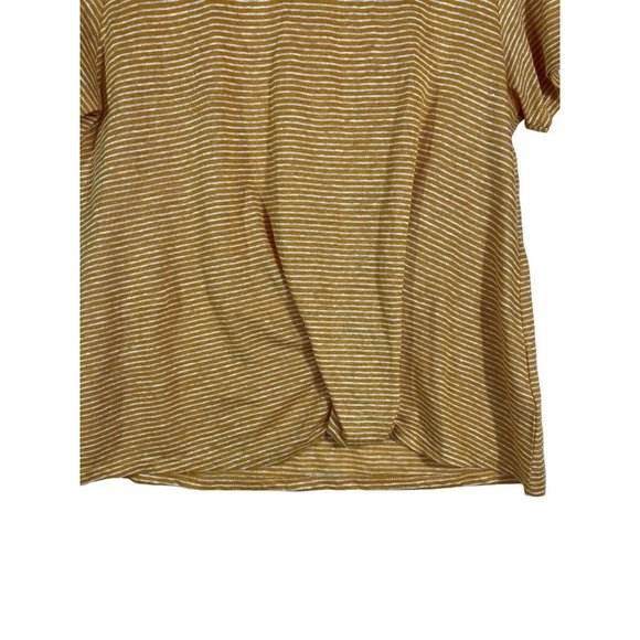 Tahari Top Women Medium 100% Linen Gold White Stripe Short Sleeve Ruched Hem - Picture 2 of 7